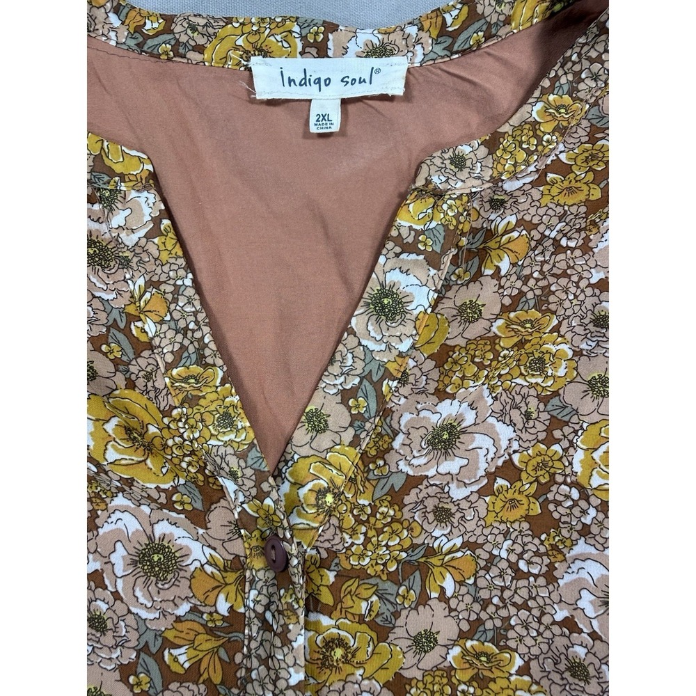 Indigo Soul Dress Women's 2XL Brown Yellow Floral Boho Short Babydoll Hippie - Picture 2 of 13